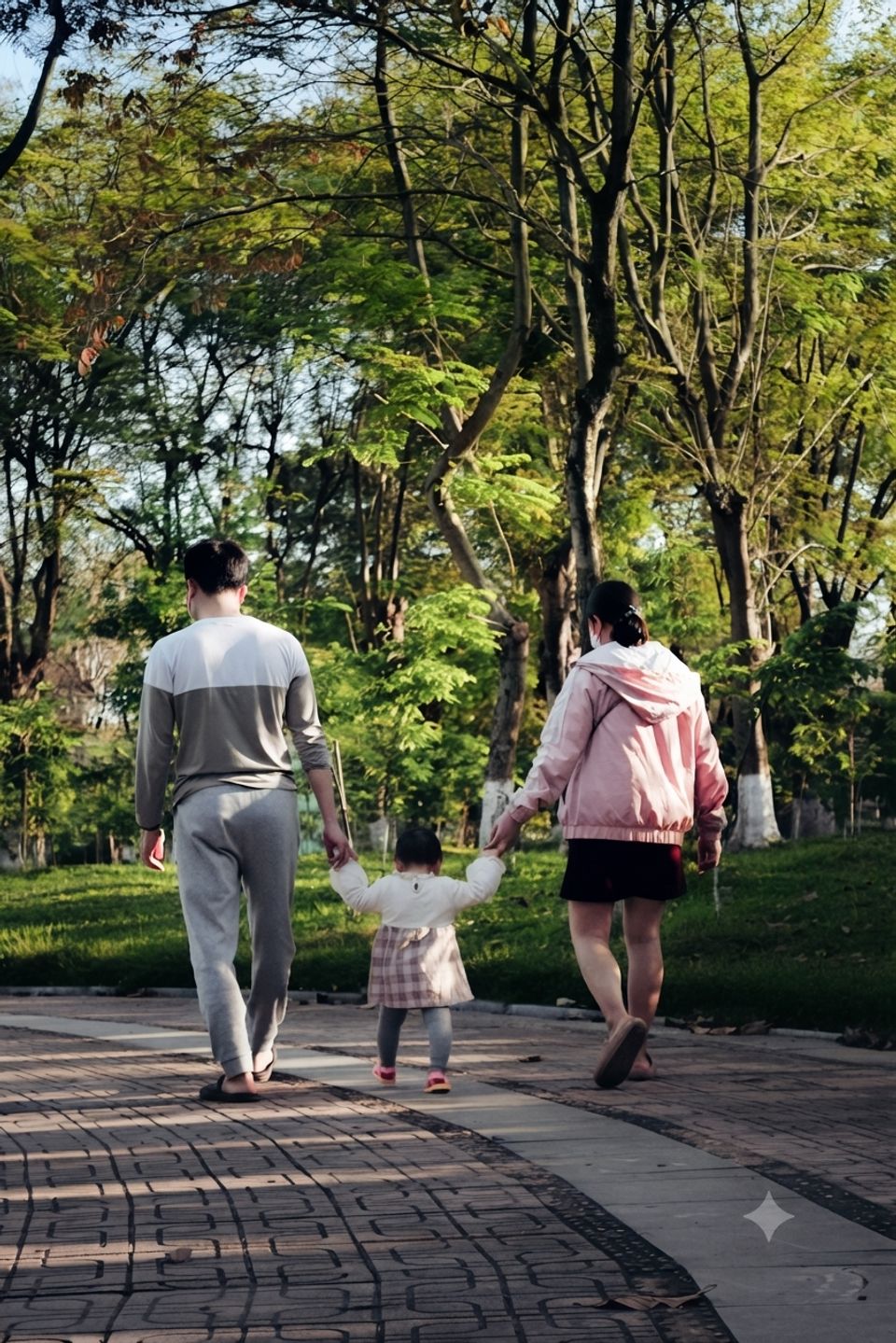 Parents holding their toddler's hands as they walk down a tree-lined park path