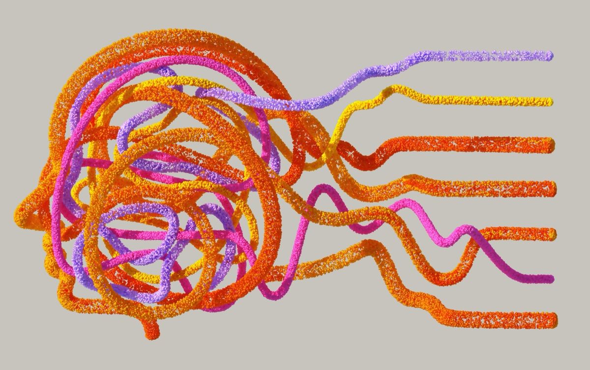 Colorful tangled threads forming a head profile, untangling into orderly lines