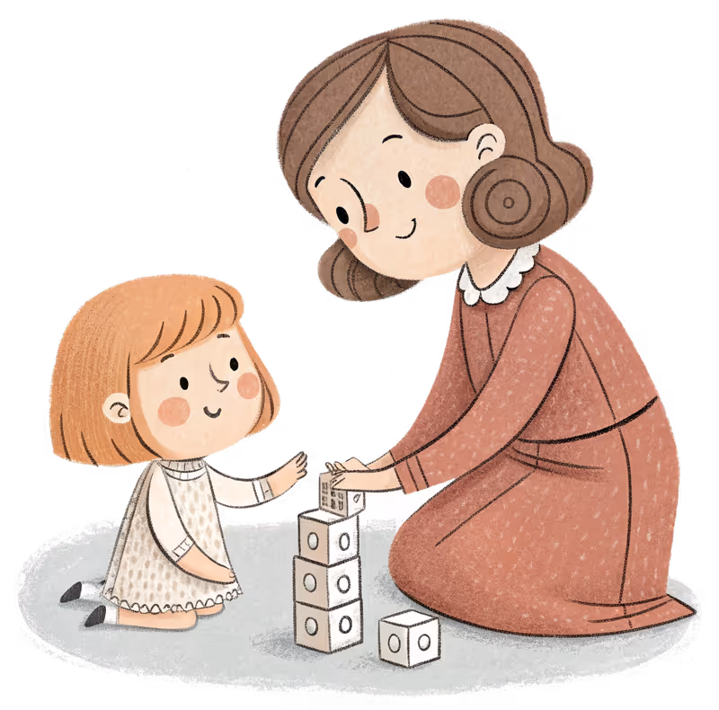 Crayon illustration of Ellie and a child building blocks together